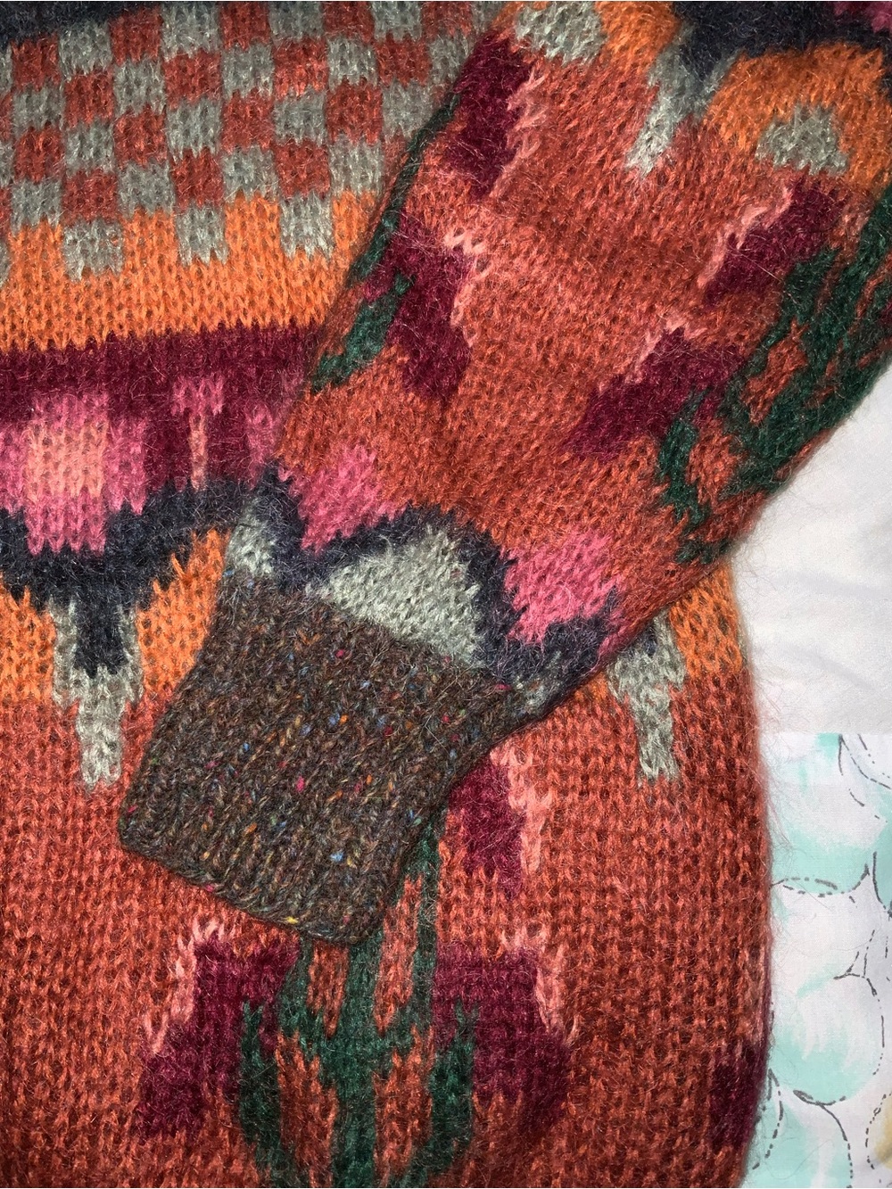 vintage‎ 1990 susan bristol mohair wool hand knit sweater cardigan colour work L - Picture 6 of 9